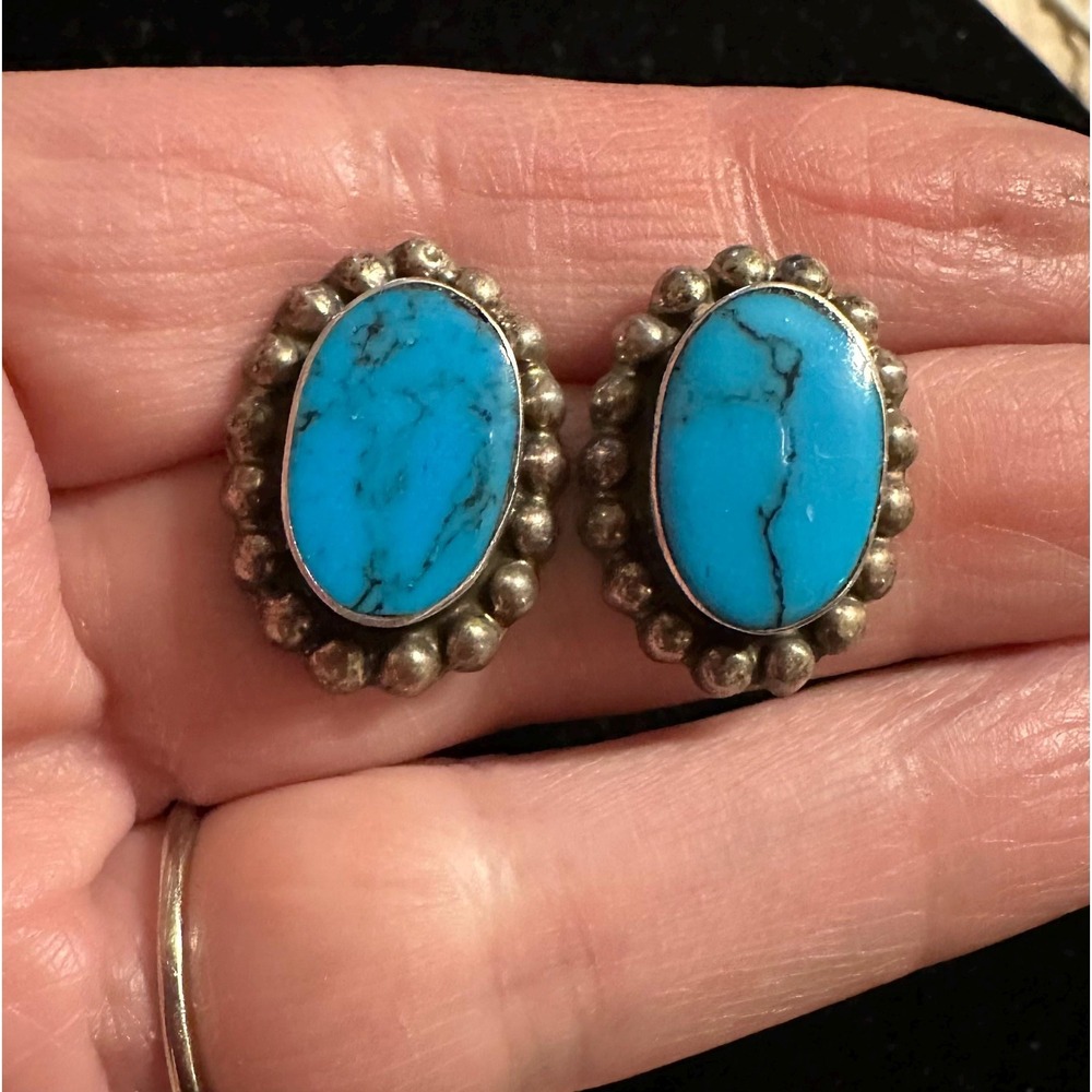 Mexico Sterling Silver & Turquoise Concho Earrings Taxco Cardenas